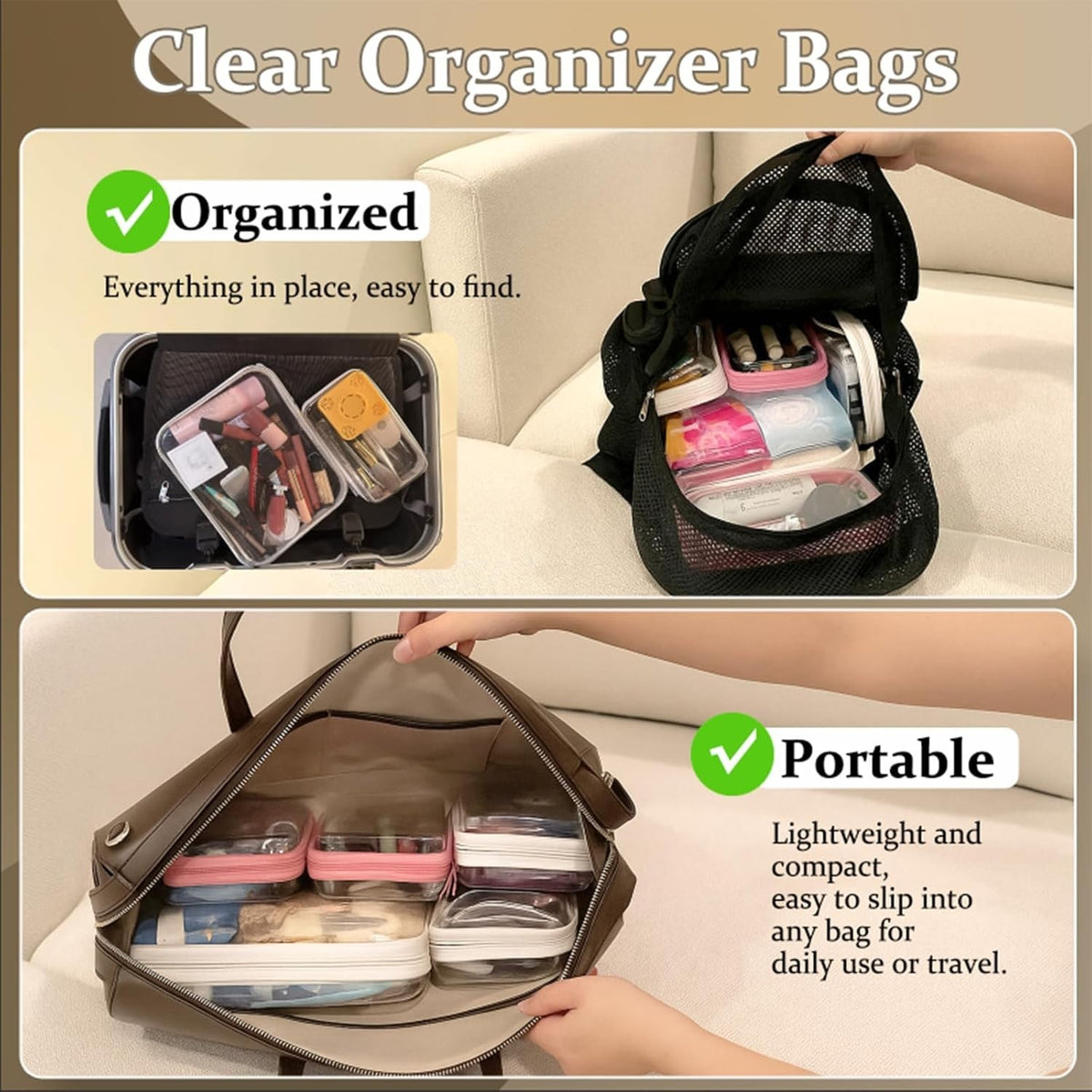 4 Pack Clear Hard Shell Zipper Pouches for Travel & Organization