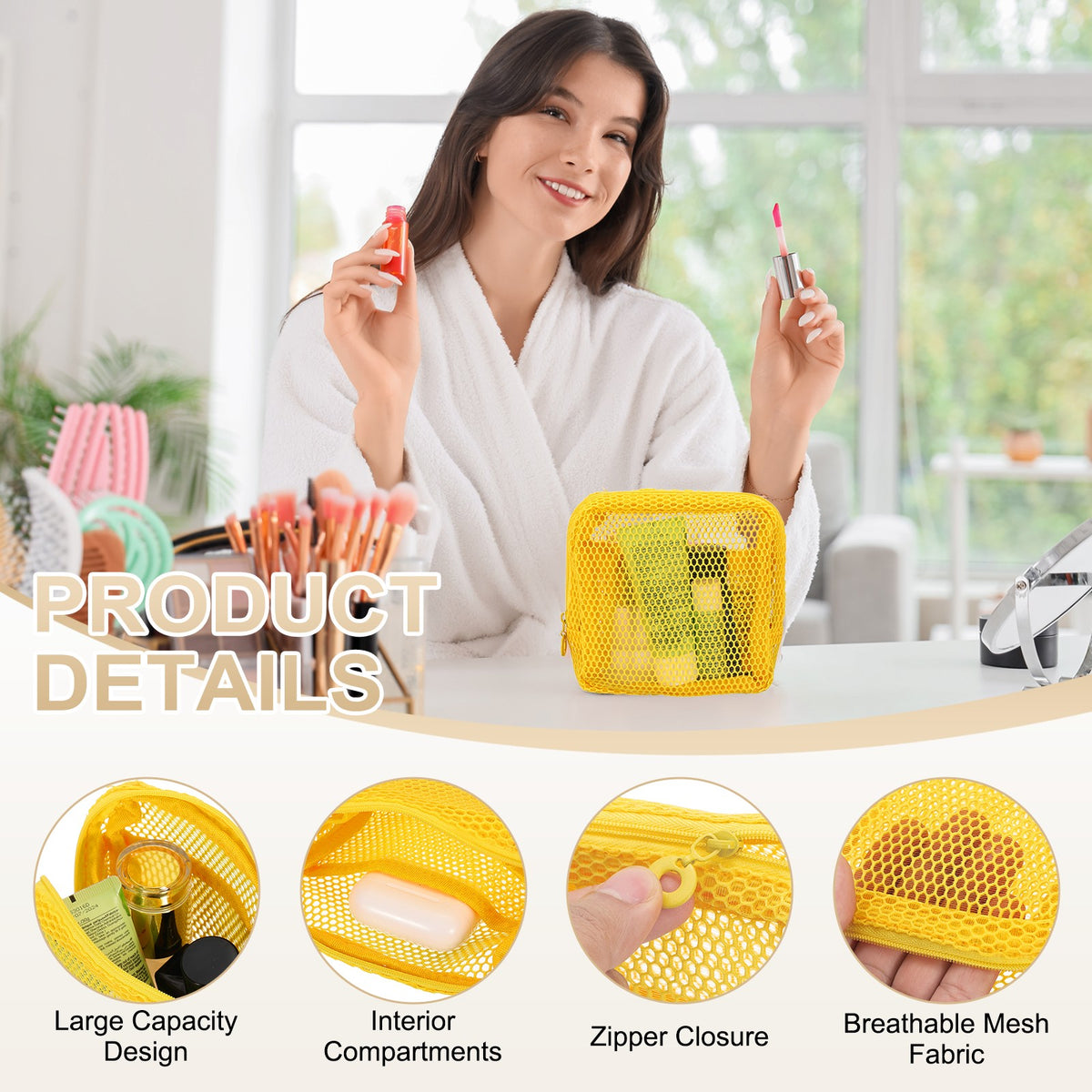 Mesh Makeup Bag - Square Travel Toiletry Organizer with Zipper, Yellow