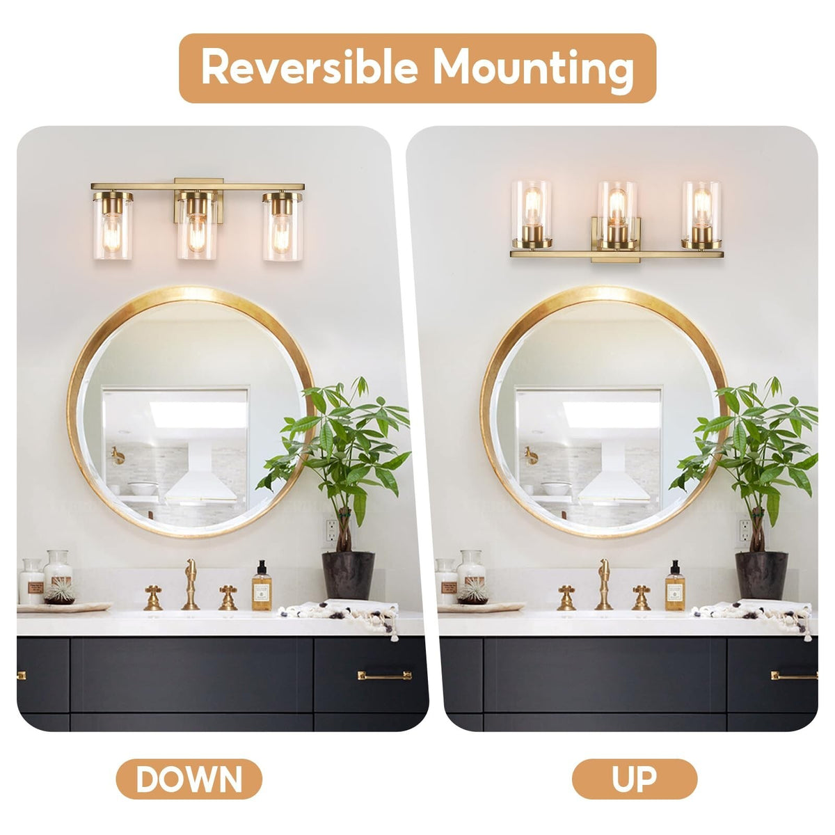 20in Bathroom Vanity Light Fixture with 3 Clear Glass Shades - Gold Wall Sconce