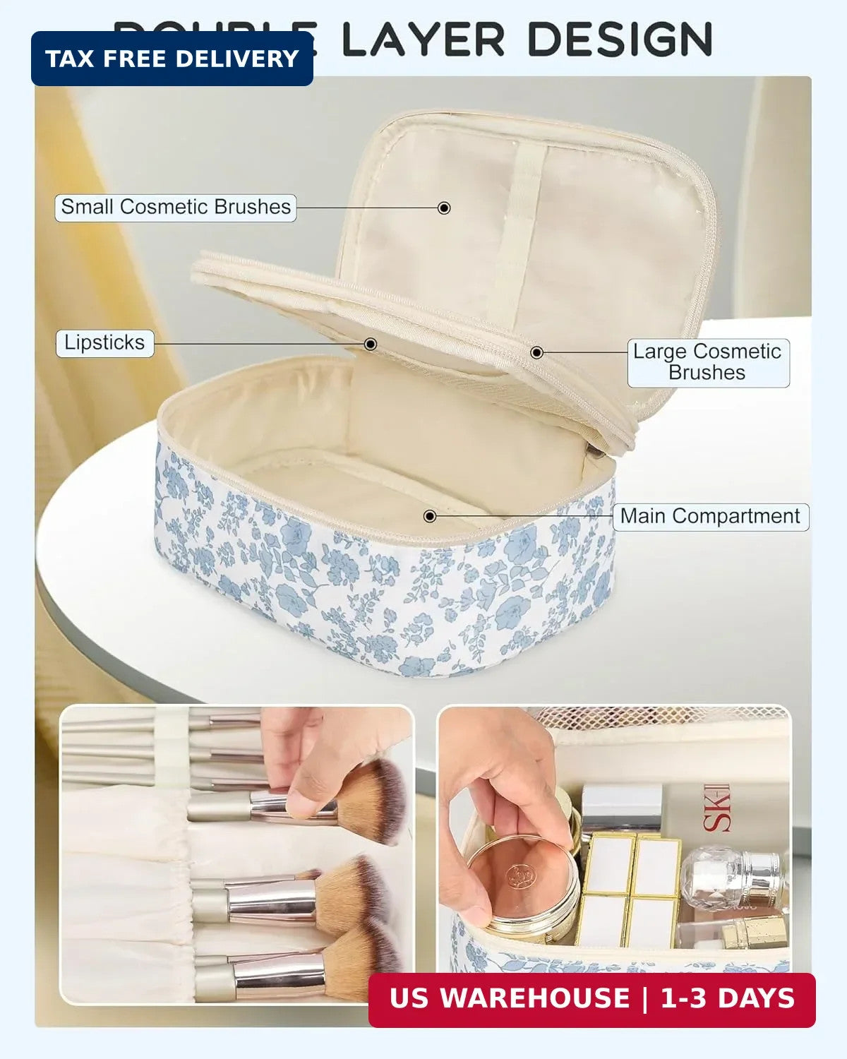 Travel Makeup Bag with Compartments - Small Floral Cosmetic Organizer