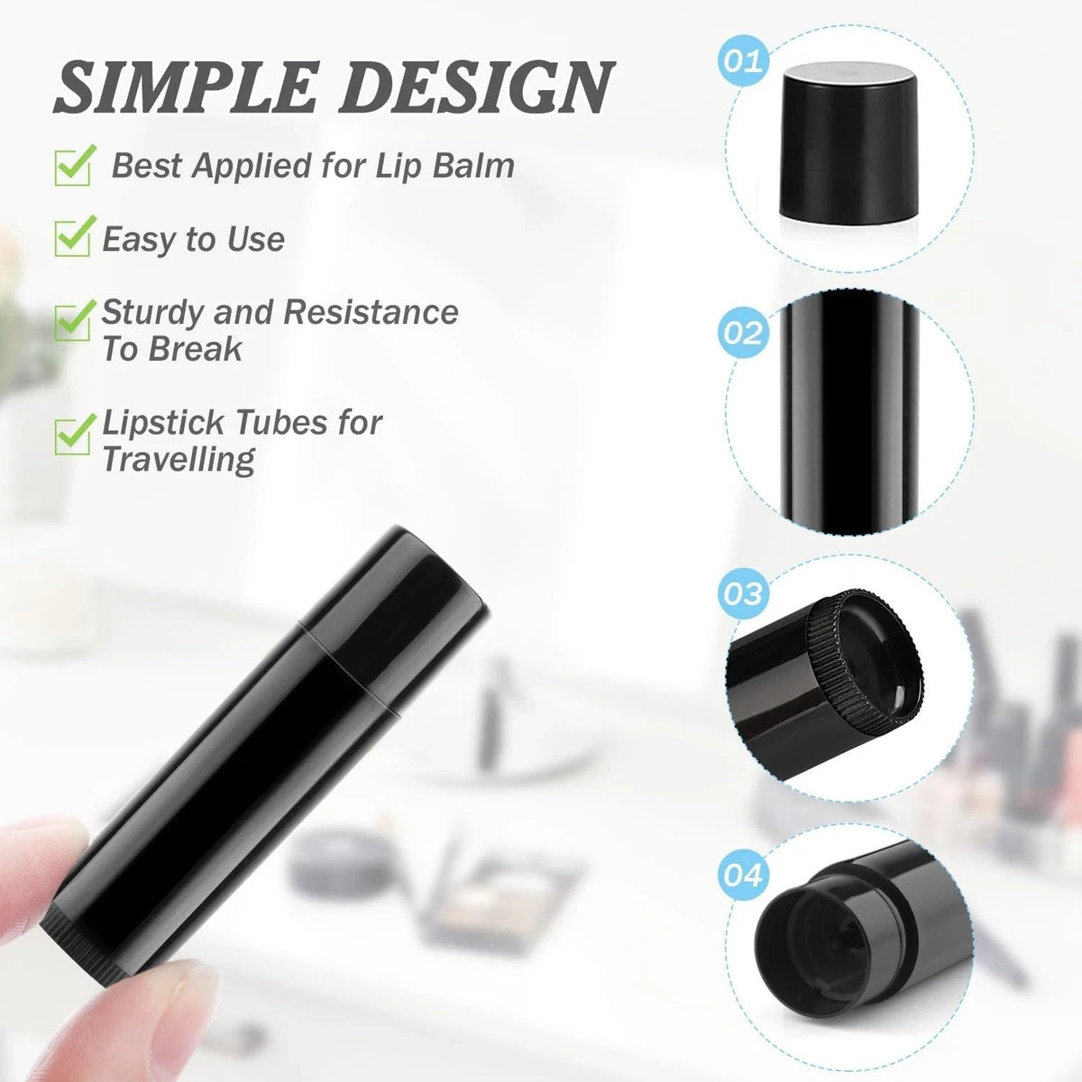 50 Empty Lip Balm Tubes with Tray - Black Plastic Chapstick Containers BPA-Free