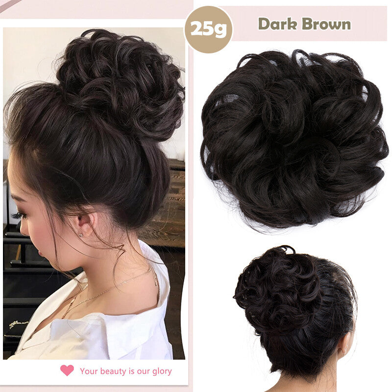 Natural Human Hair Messy Bun Ponytail Extensions with Curly Scrunchie Updo