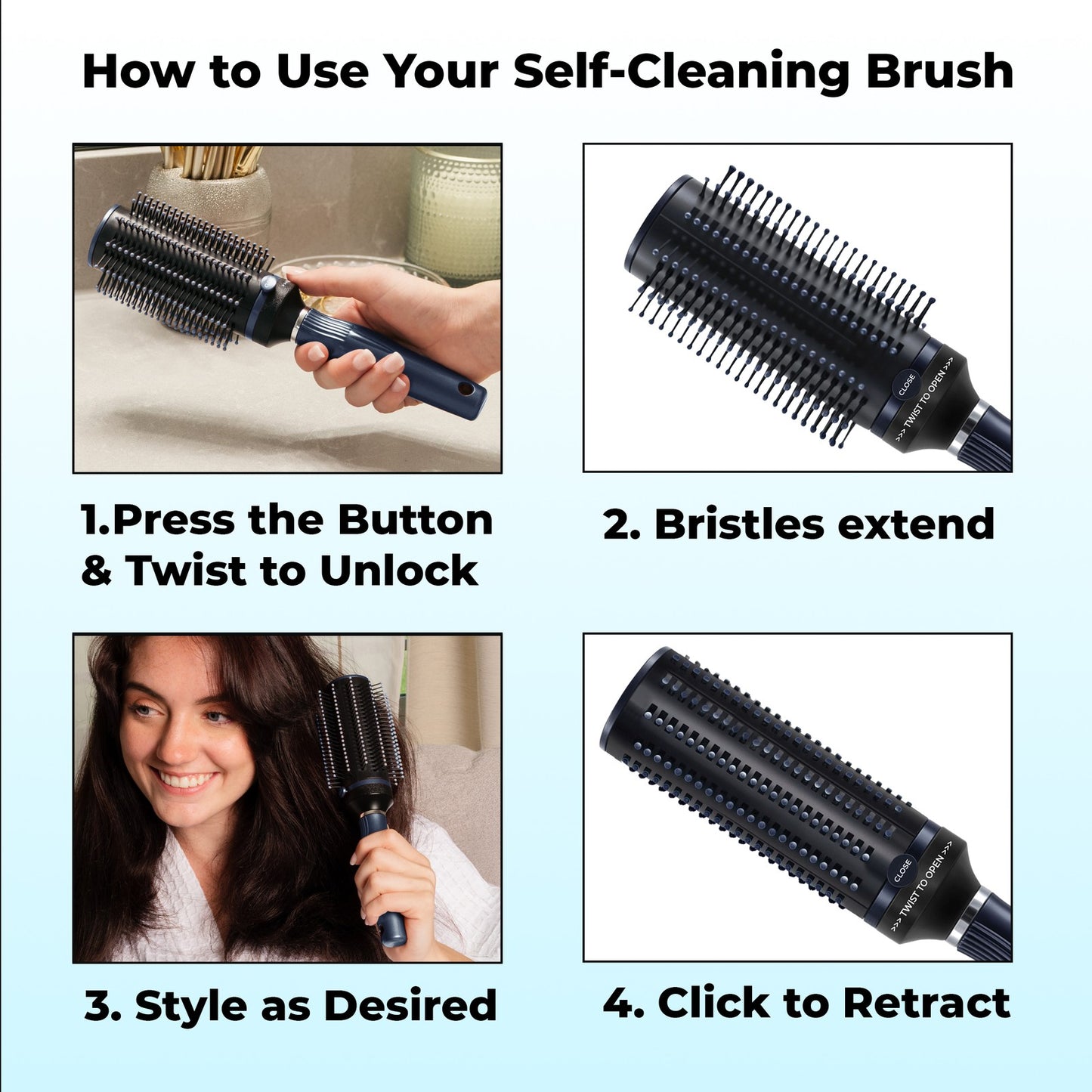 Self-Cleaning Retractable Hair Brush for Women - Navy