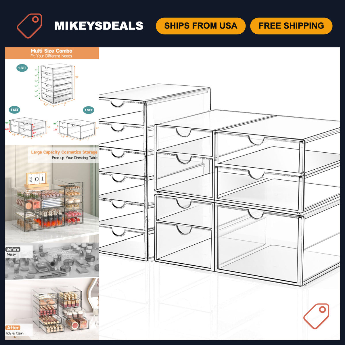 Acrylic 13-Drawer Makeup Organizer Set - 3 Pack Desk & Vanity Storage