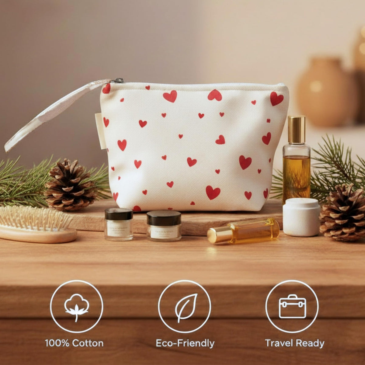 Large Heart Print Cosmetic Bag - Travel Makeup & Toiletry Organizer