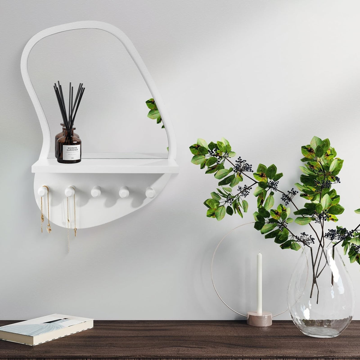 Wall Mount Wood Frame Irregular Mirror with Shelf & Hooks for Entryway, Bedroom, Living Room