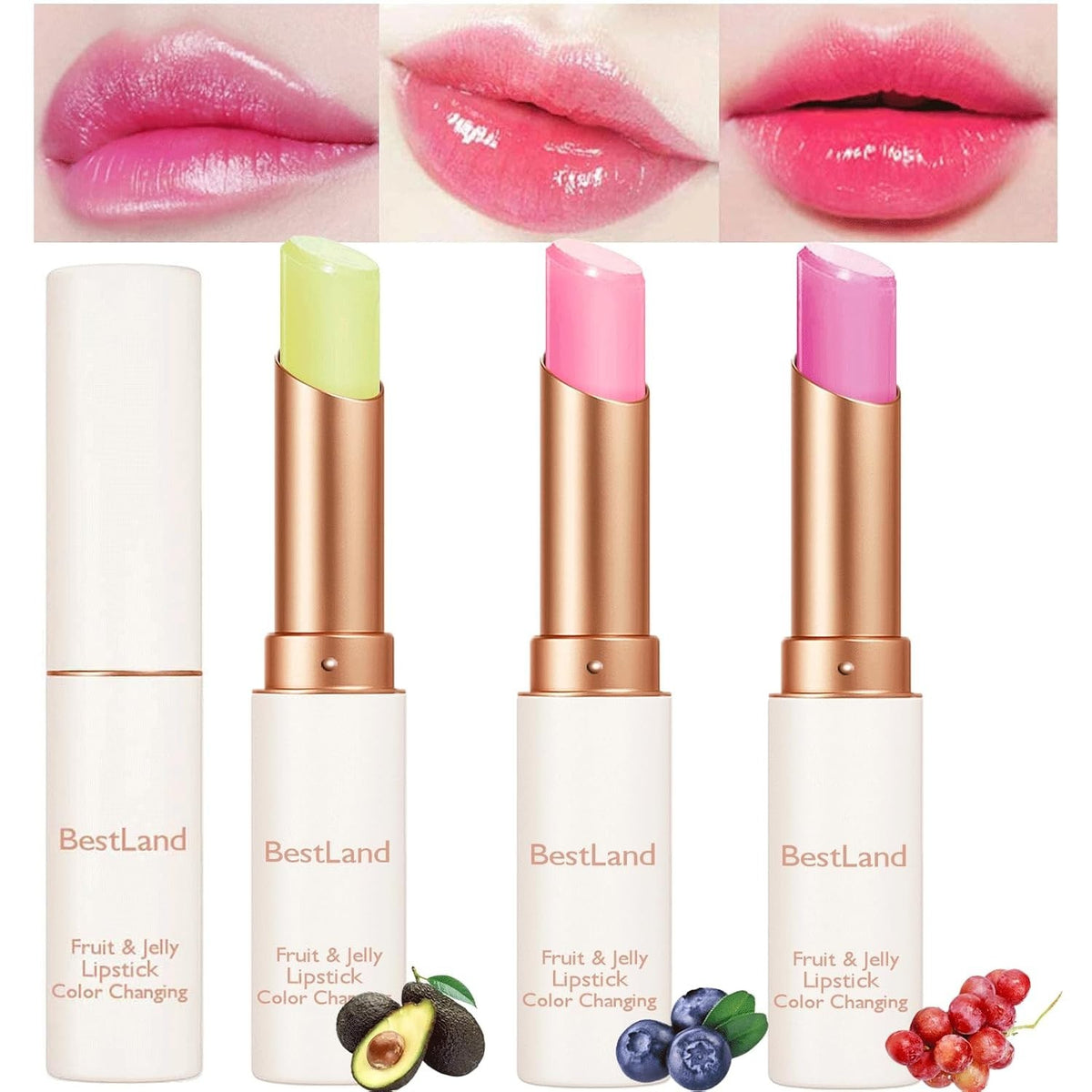 Color Changing Lipstick Set with Avocado, Grape & Blueberry Jelly Lip Balms