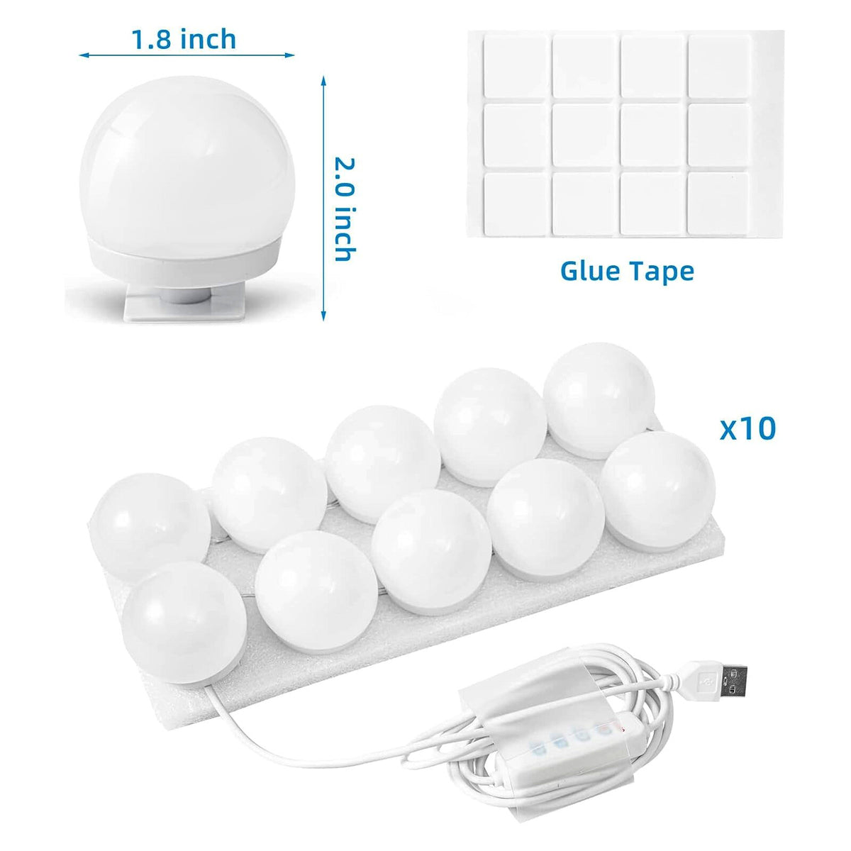 Dimmable LED Vanity Lights for Mirror - Hollywood Style 10 Bulbs