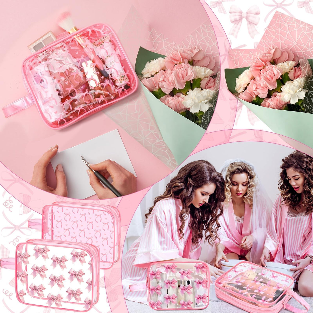 6-Piece Pink Bow Makeup Bags Set | Coquette Cosmetic Travel Pouches