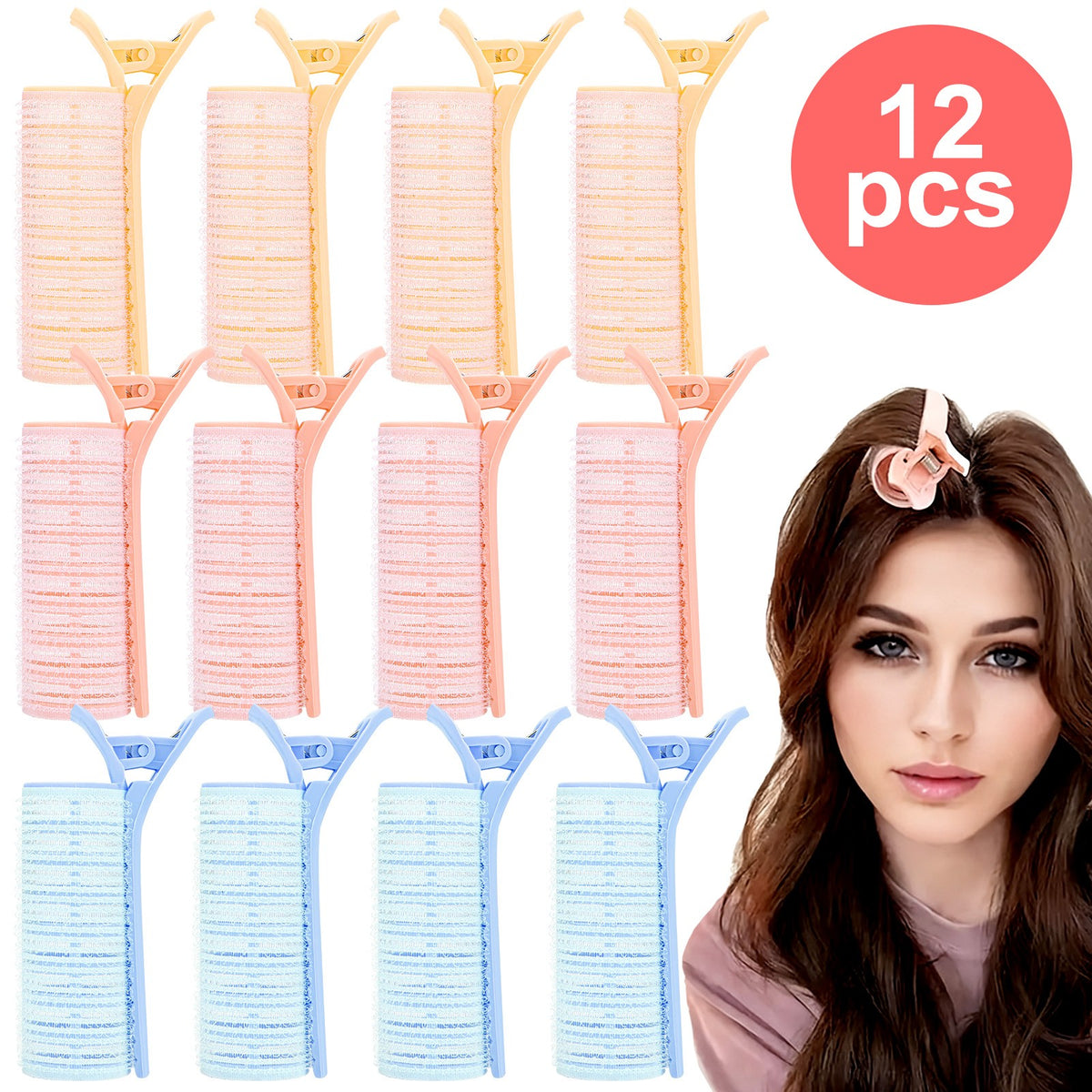 Heatless Hair Curler Set with Self-Adhesive Clips for Voluminous Styles - 12 PCS