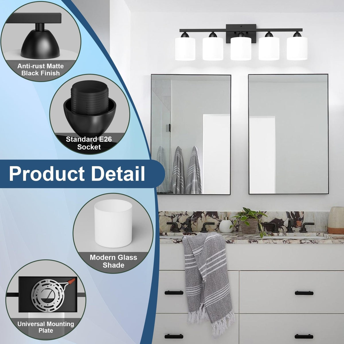Black Bathroom Vanity Light Fixture with 5 White Glass Shades - Modern Wall Sconce
