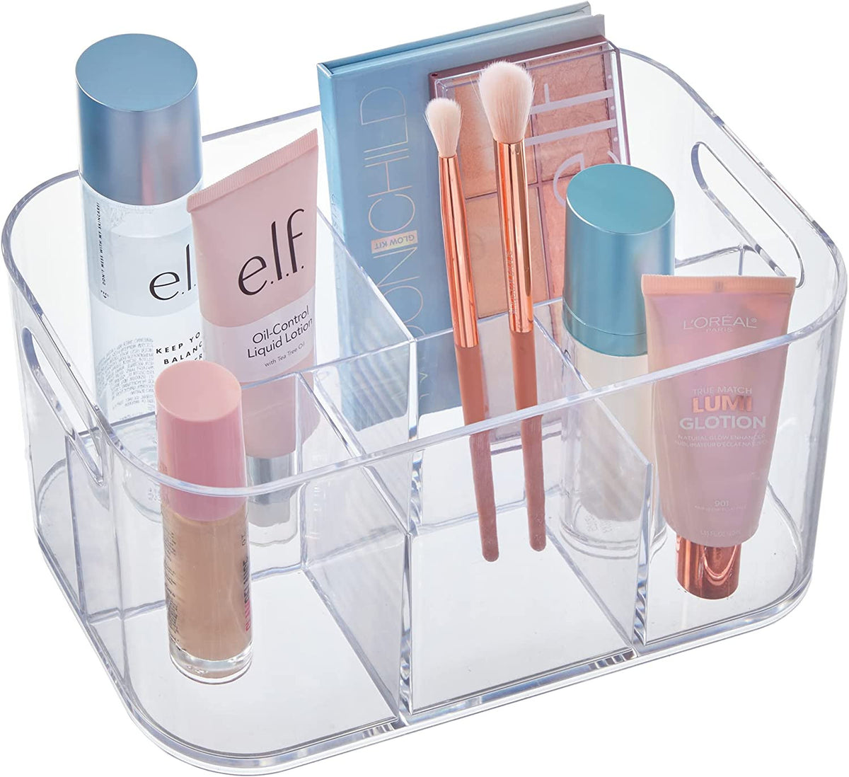Clear 5-Compartment Makeup & Vanity Organizer Bin - Pass-Through Handles