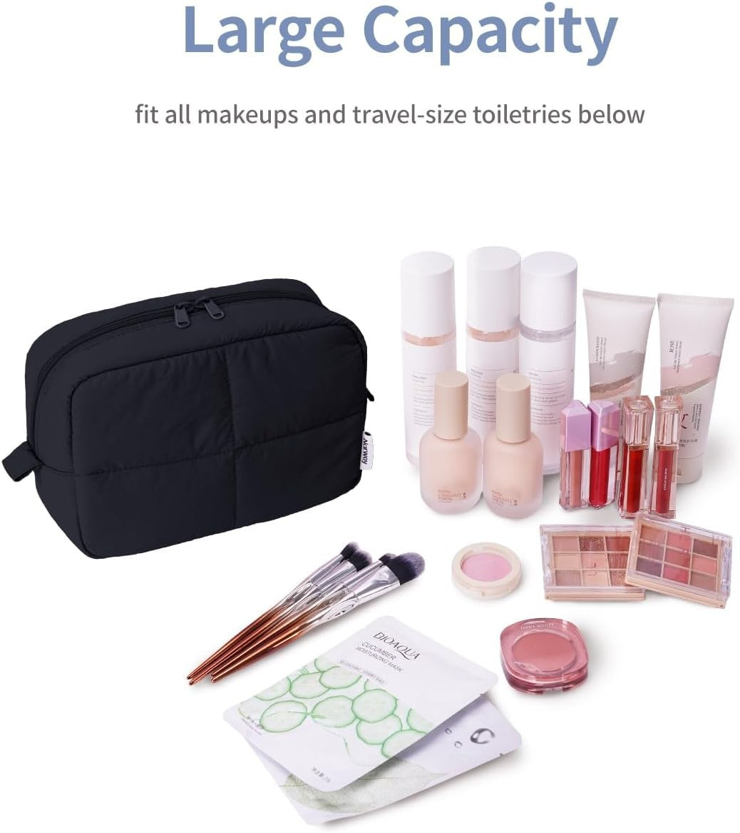 Travel Makeup Bag for Women and Girls, Quilted Cosmetic Organizer, Water-Resistant Puffer Bag
