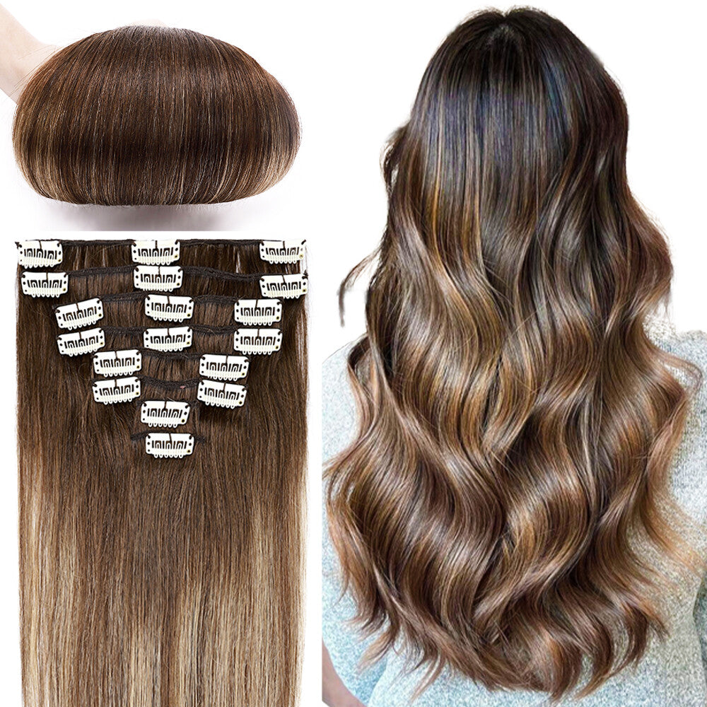 Clip-In Hair Extensions Full Head Set - Remy Human Hair, Multiple Colors & Lengths