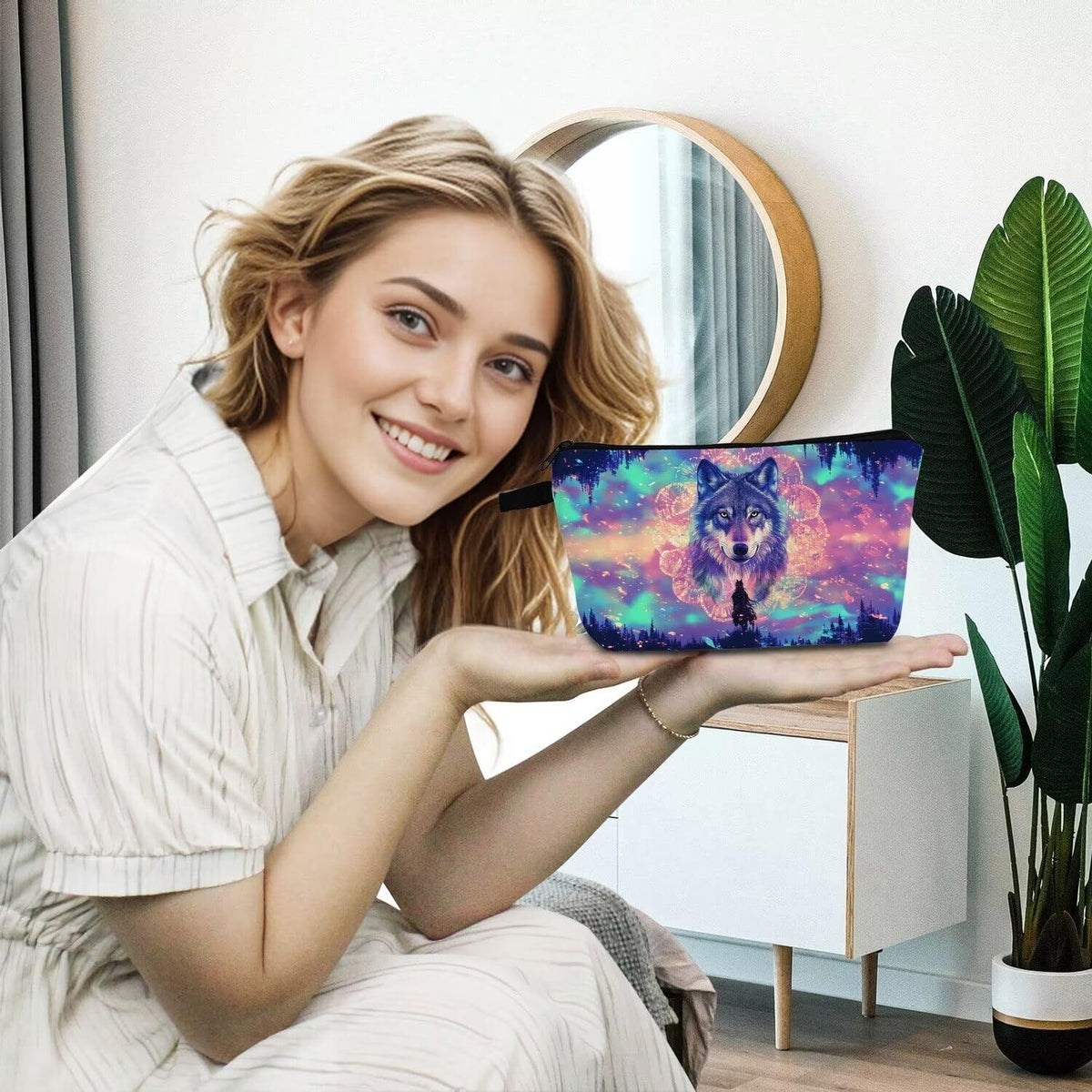 Cute Floral Wolf Makeup Bag Small Cosmetic Organizer with Zipper