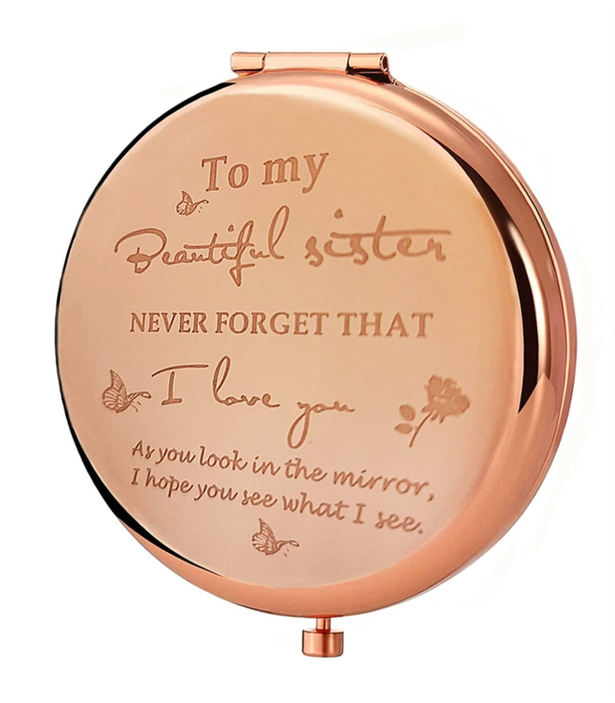 Personalized Compact Mirror for Sisters - Heart & Rose Gold, 2x Magnification