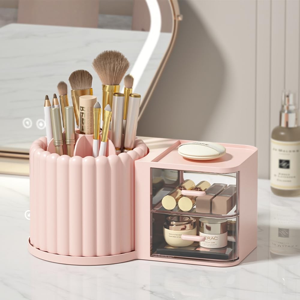Rotating Makeup Brush Organizer with 2 Drawers - 9.25x5.11 Inch