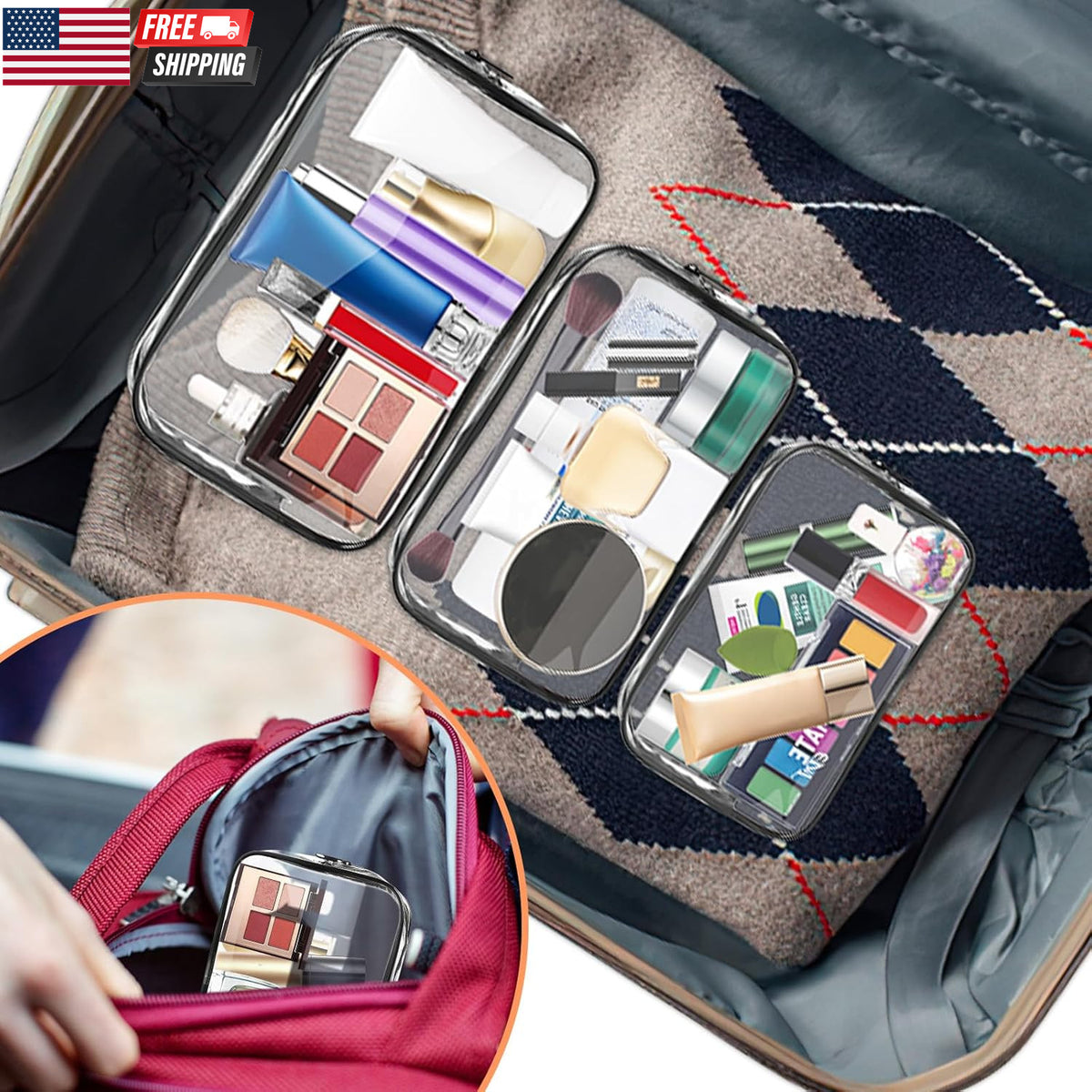 Clear Travel Makeup Bag - TSA Approved PVC Cosmetic Organizer - Multi-Size