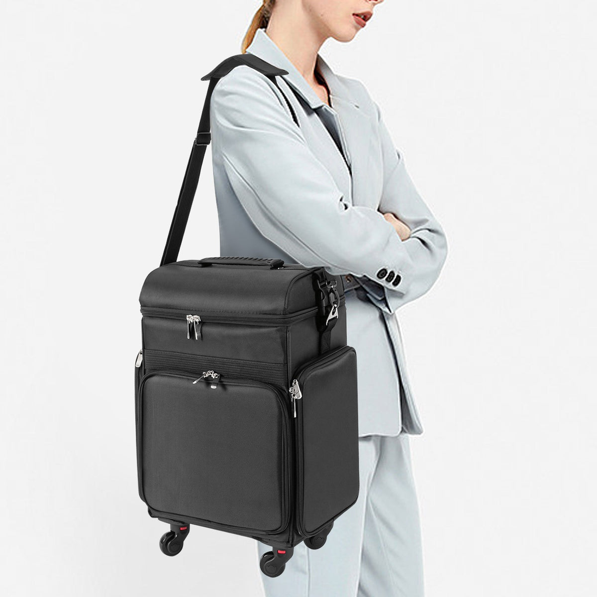 Travel Makeup Trolley Case with Multiple Compartments - Professional Rolling Cosmetic Bag