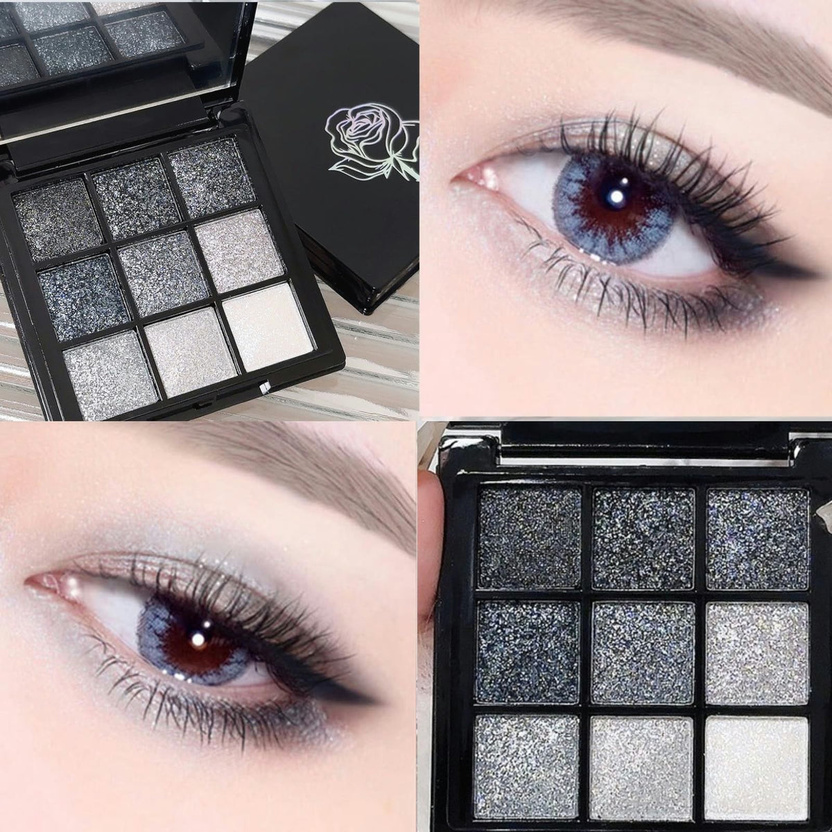 Glitter Eyeshadow Palette - 9 Colors, Waterproof & Long-Lasting, Black Silver