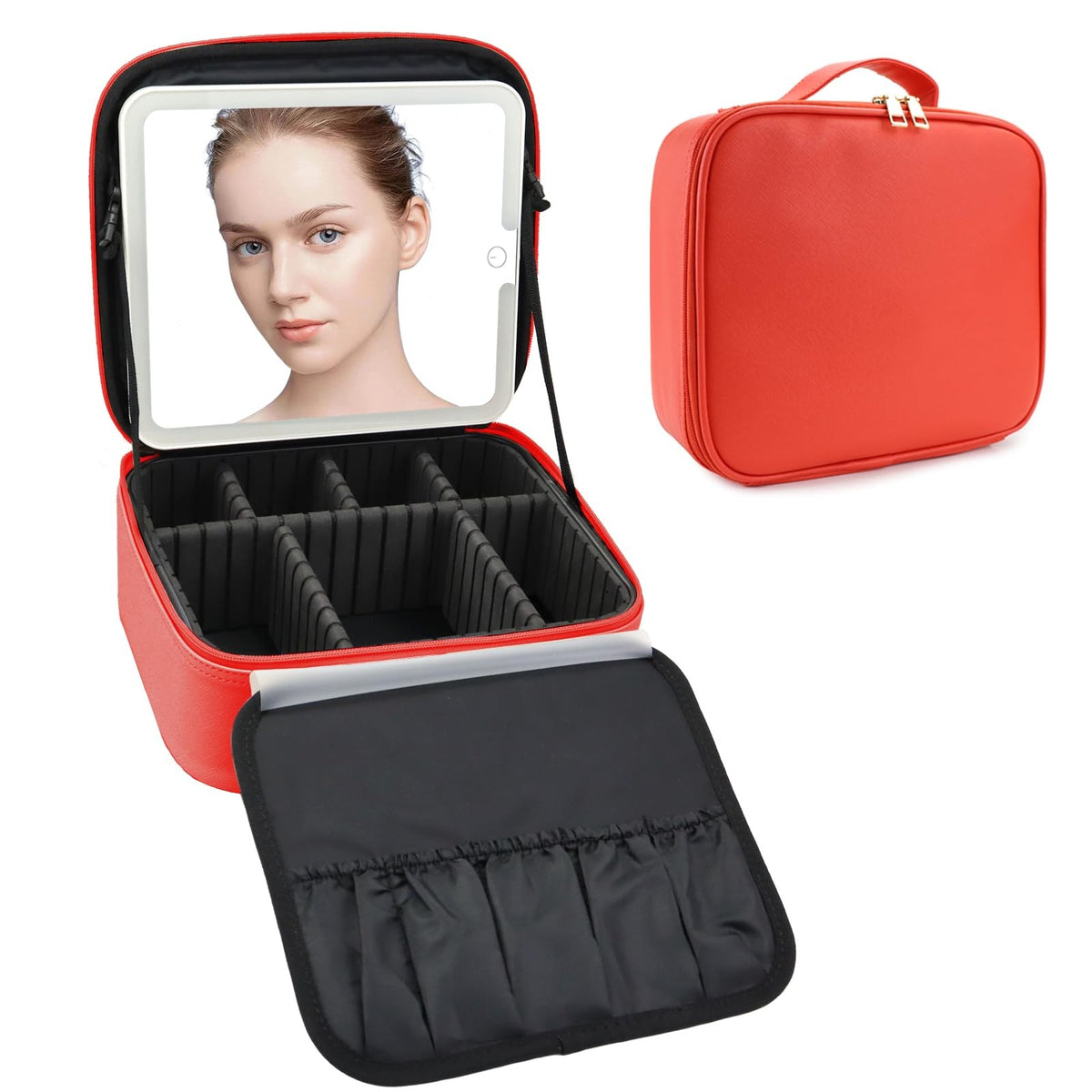 Travel Makeup Bag with LED Mirror, Adjustable Dividers & Pink Finish
