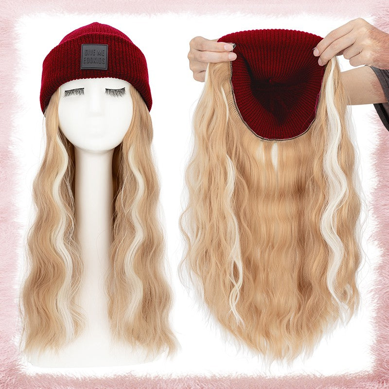 Women Knitted Wavy Wig Winter Beanie Hat - Long Curly Synthetic Hair