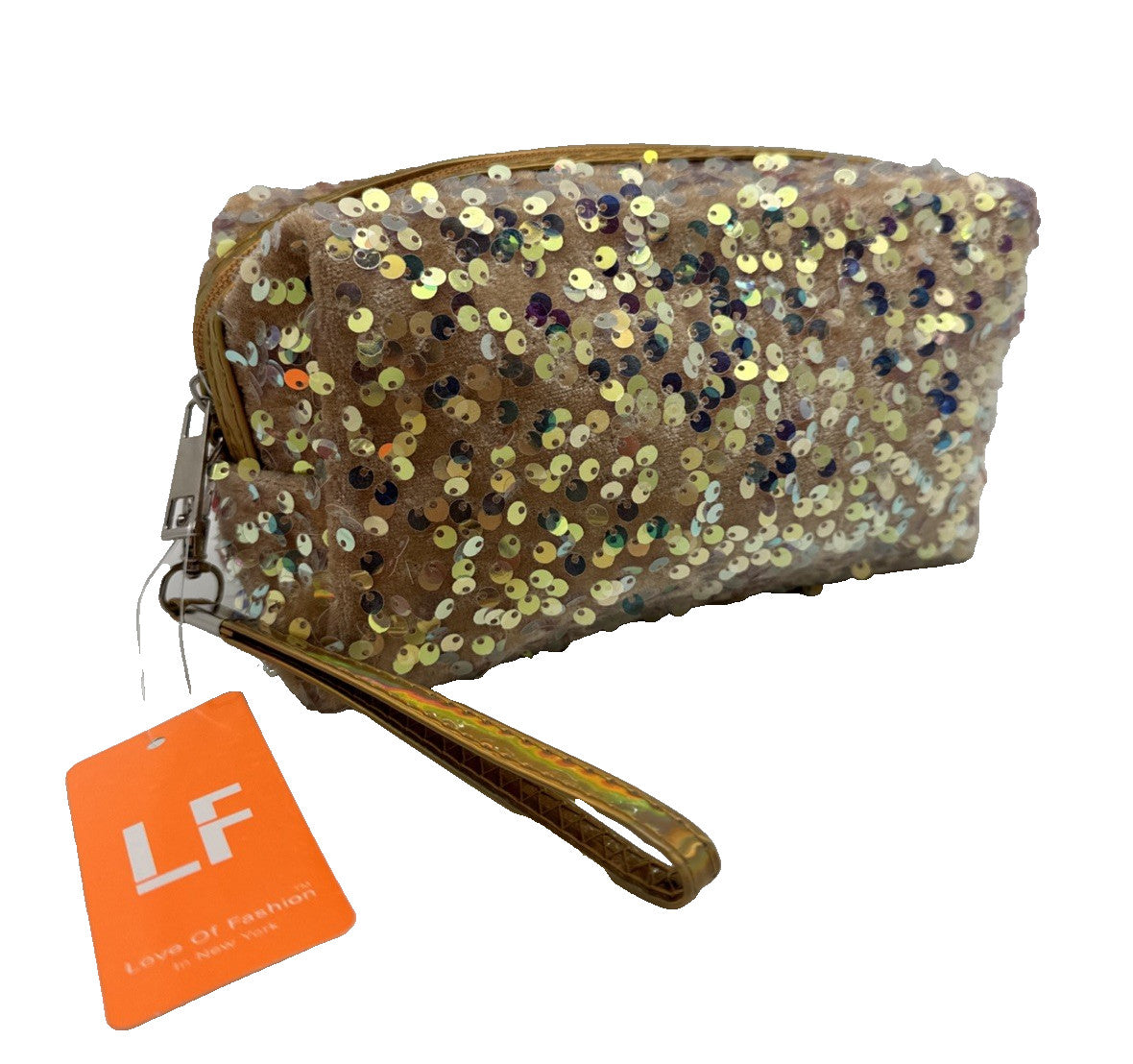 Gold Sequin Makeup Bag - Cosmetic Pouch with Zipper & Carrying Strap