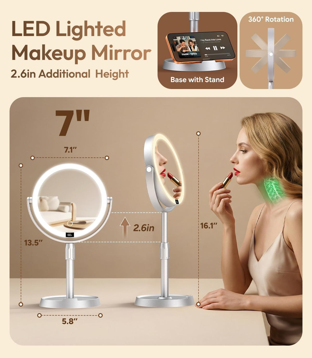 7 Inch Lighted Makeup Mirror with 20X Magnification, Adjustable Height & 3 Color Modes