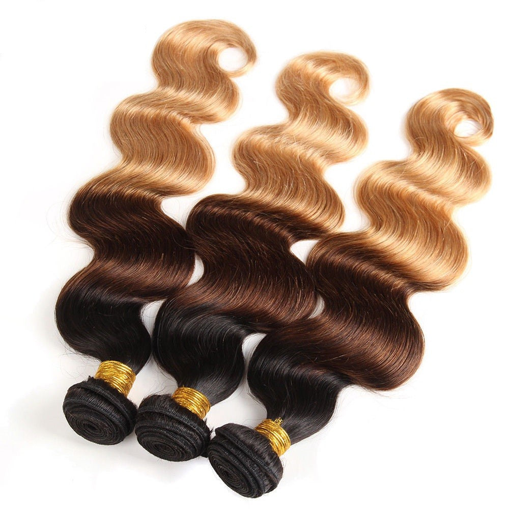 100% Human Hair Weave: Ombre Body Wave 1 Bundle 14-20in (1B/4/27)