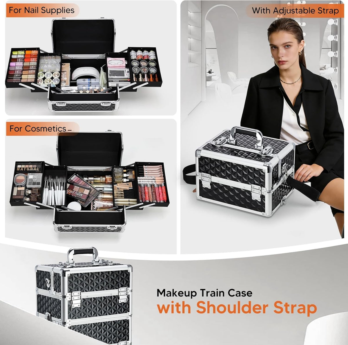 3-in-1 Portable Rolling Makeup Case with Detachable Compartments & Lockable Storage