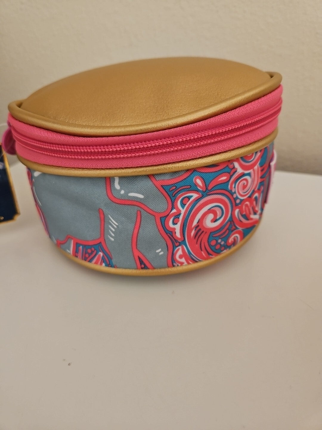 Pink and Gold Cosmetic Bag with Zipper - Round Travel Organizer