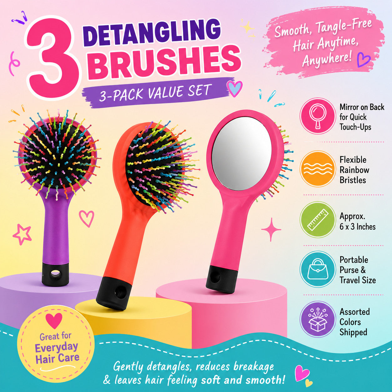 3 Pack Detangling Hair Brushes with Mirror - Travel Compact Rainbow Bristles