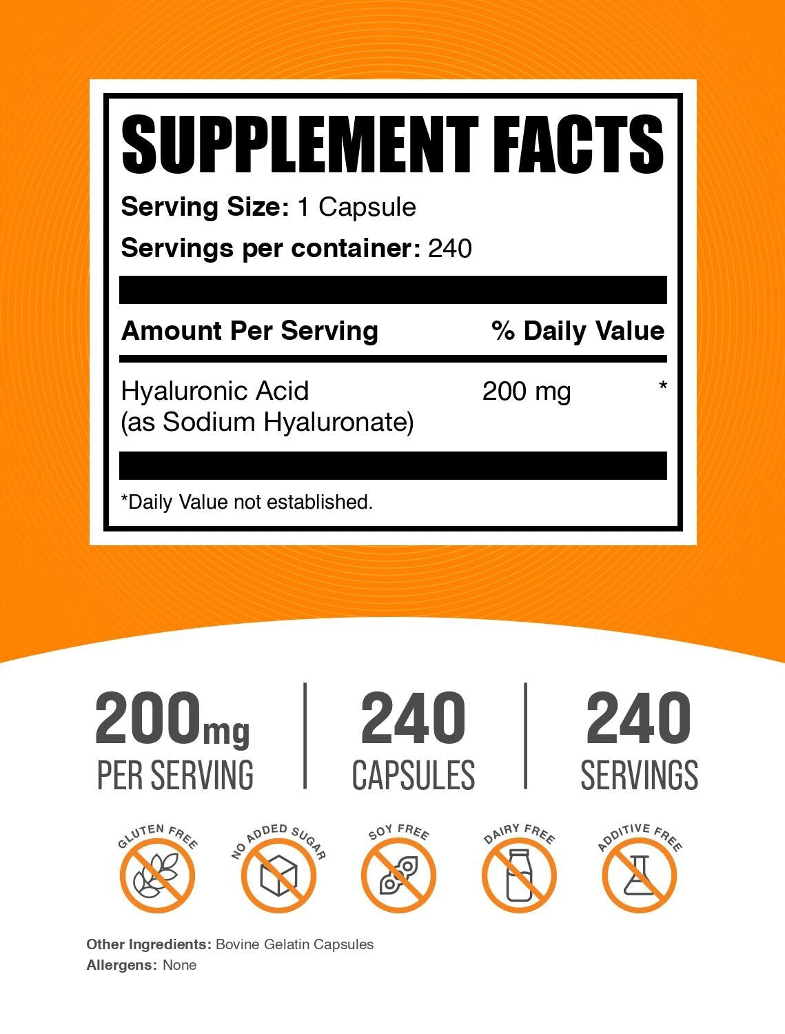 Hyaluronic Acid Capsules 200mg - 240 Count for Skin & Joint Support
