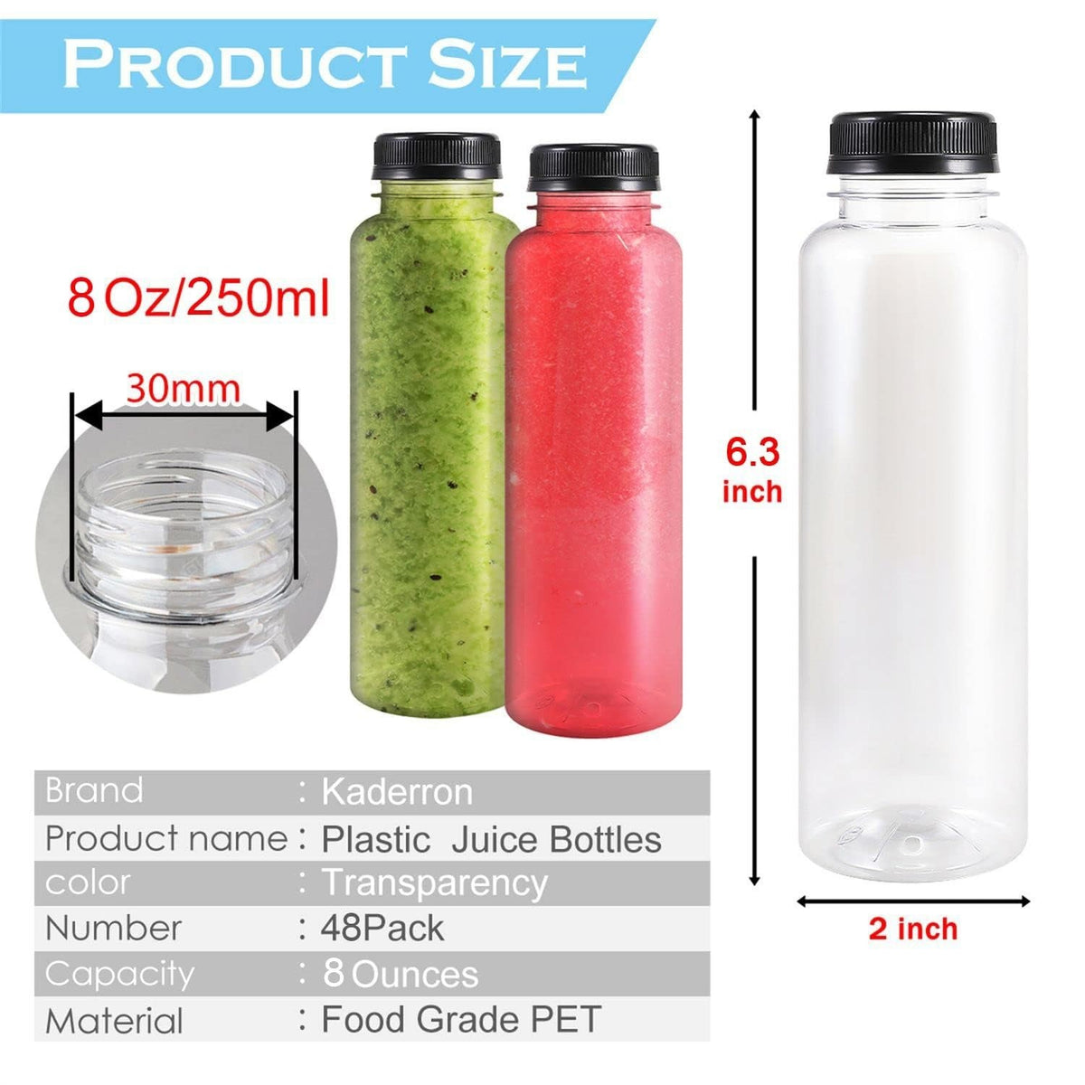48 Pack 8oz Plastic Juice Bottles with Black Tamper-Evident Caps - Disposable PET Drink Containers