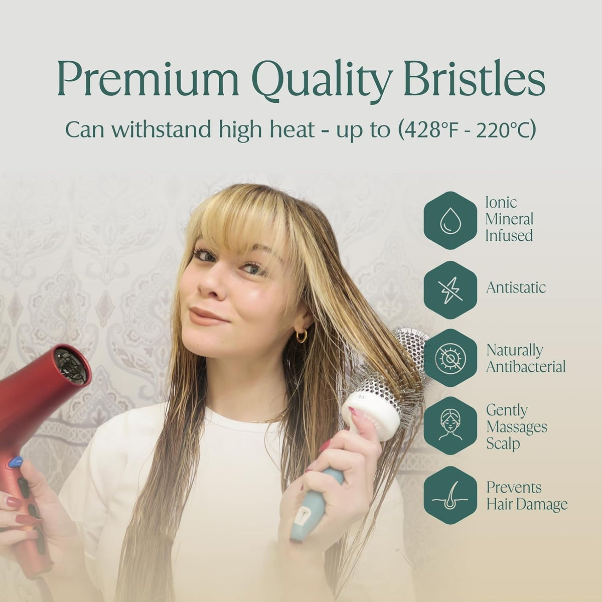 Detangling Ceramic Round Hair Brush with Ionic Bristles for Shine & Volume
