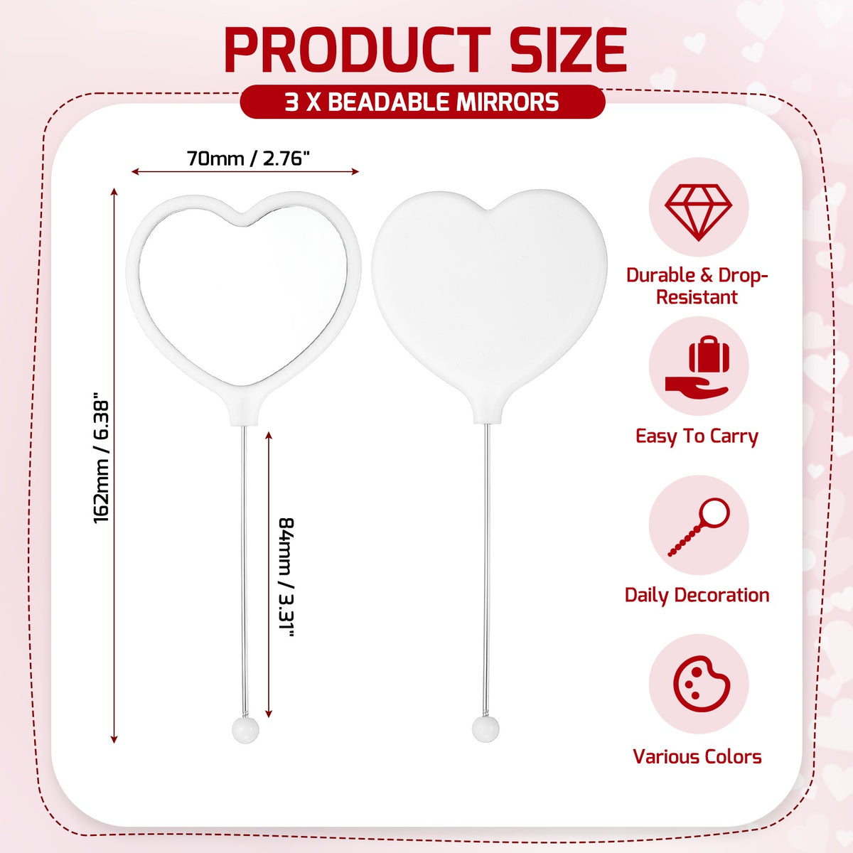 Heart-Shaped Beadable Mirror Set - DIY Handle Craft Gift, 6.4 Inch White