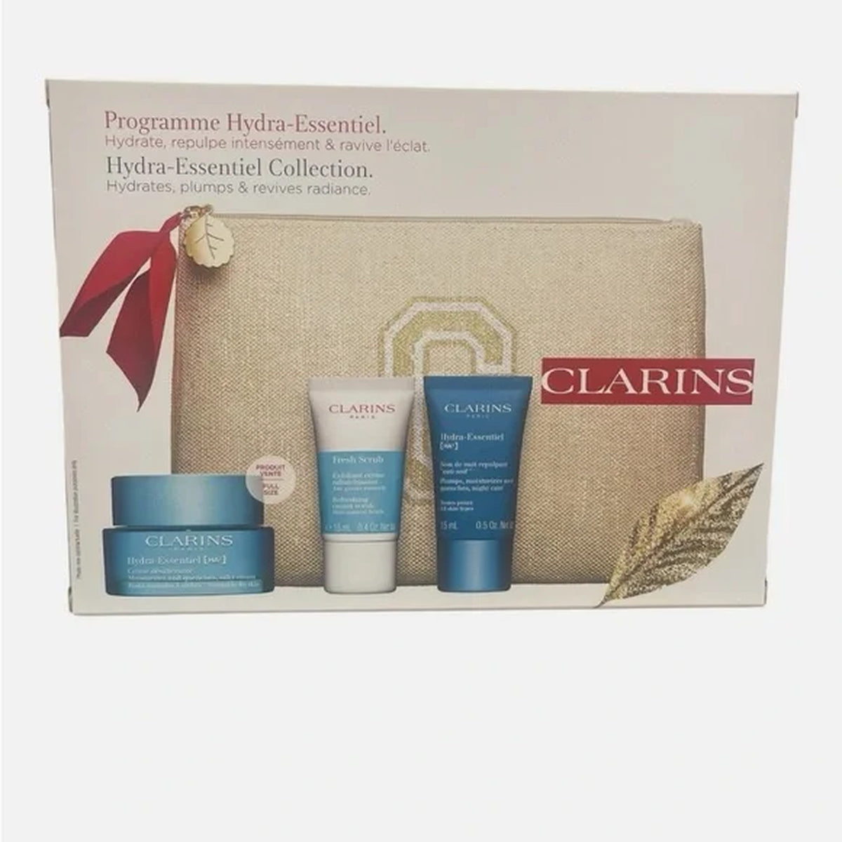 Clarins Hydra-Essentiel Skincare Set with Moisturizer, Scrub & Pouch