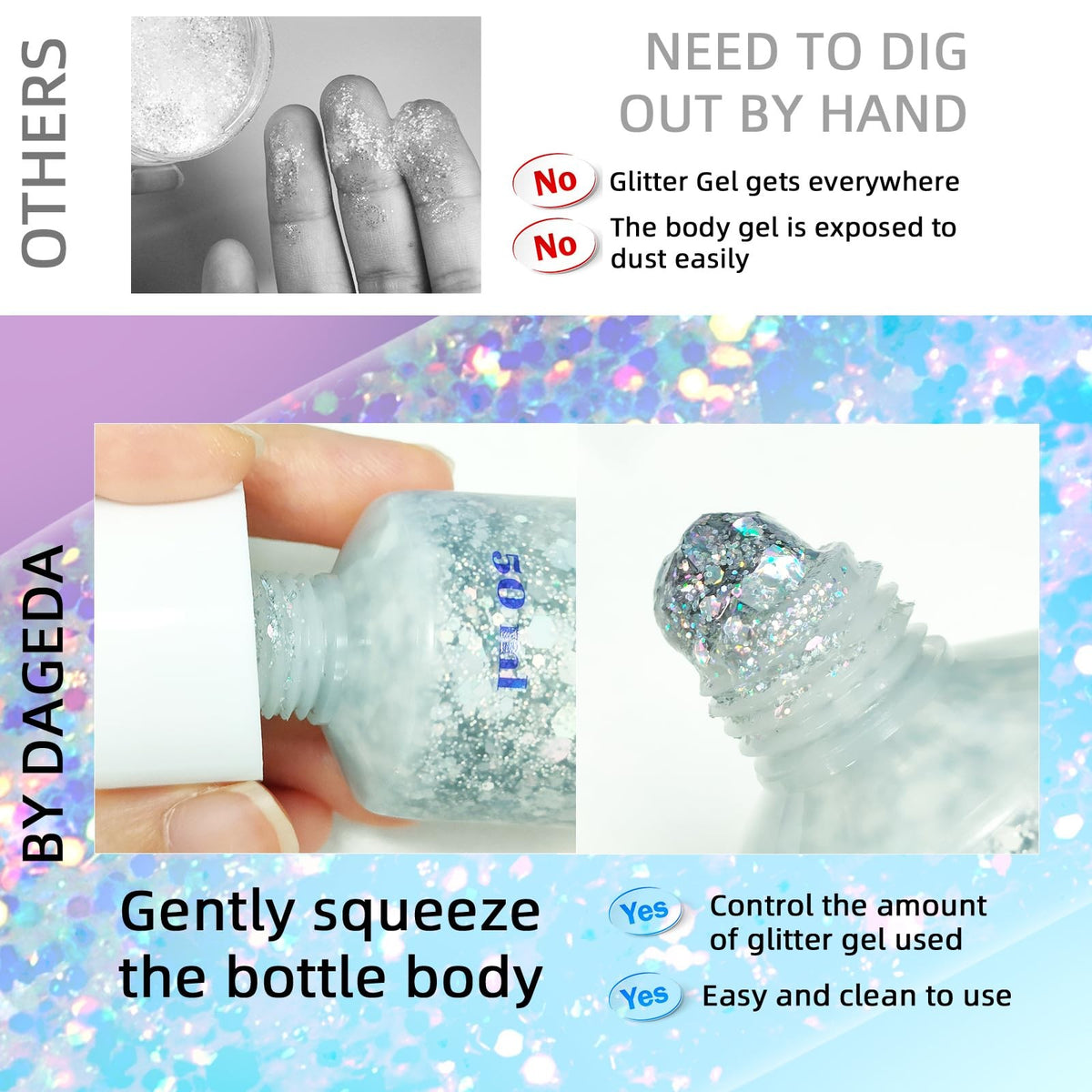 Silver Body Glitter Gel for Face & Hair - Sparkly Makeup, 50ml
