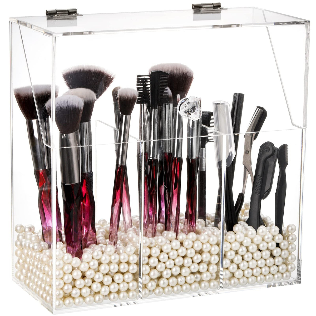 Acrylic Makeup Brush Holder with Dustproof Lid & White Pearls, Large Organizer