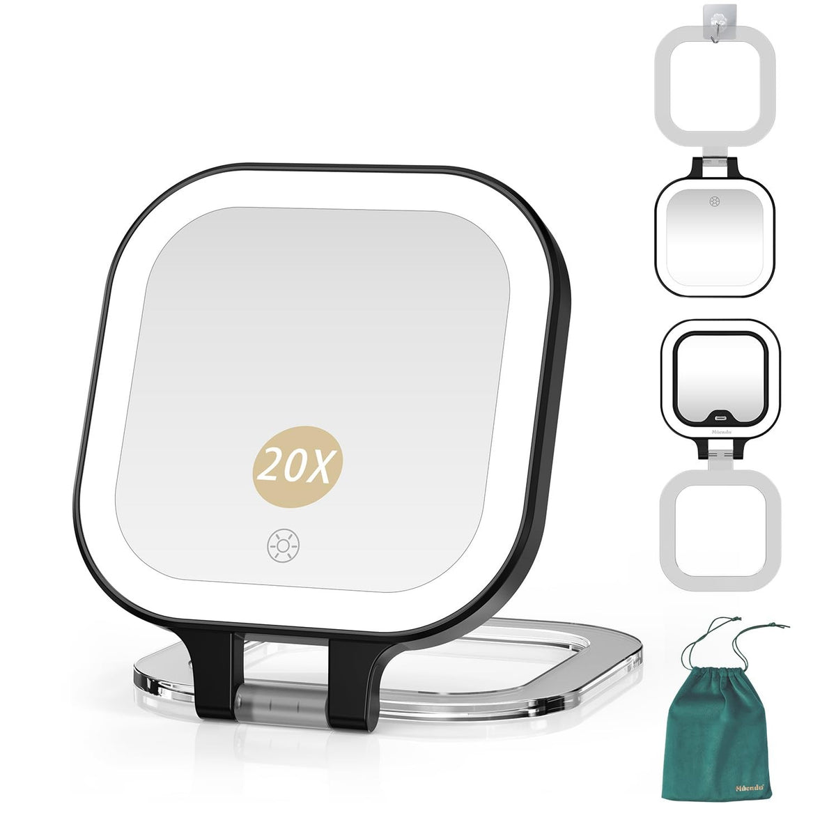 Travel Makeup Mirror with 1X/20X Magnification & LED Light, Compact Double-Sided