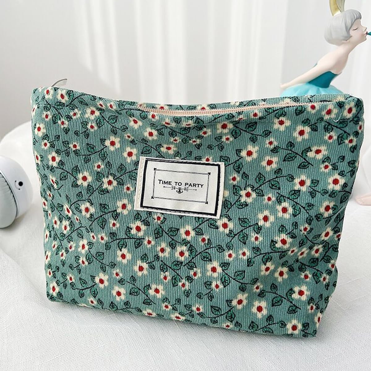 Large Capacity Canvas Makeup Bag - Green Floral Travel Organizer