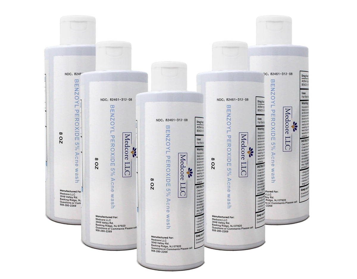 Medcore Benzoyl Peroxide 5% Acne Wash - 8 oz, Pack of 5 for Acne Treatment