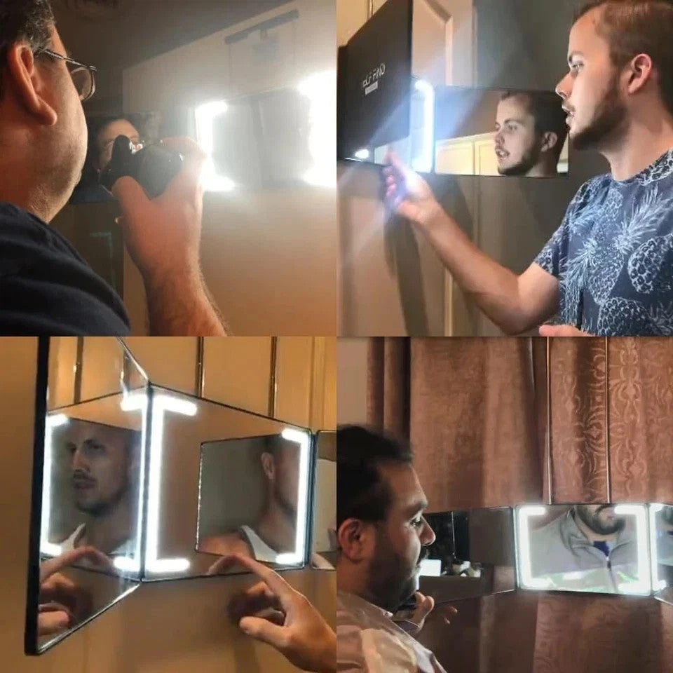 Self-Find 3-Way Mirror with Ring Light for Hair Cutting, Rechargeable, Adjustable Height