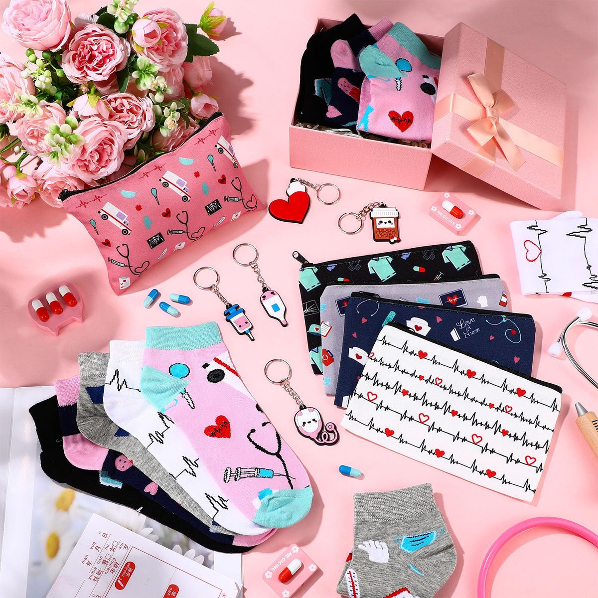 Nurse Appreciation Gift Set - Socks, Cosmetic Bag & Keychains - Bright Nurse Elements