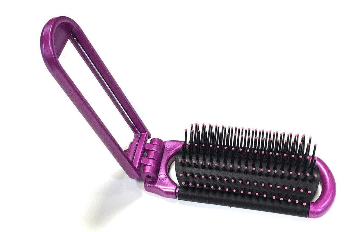 Portable Folding Hair Brush with Mirror - 2 Colors for Travel & Touch-Ups