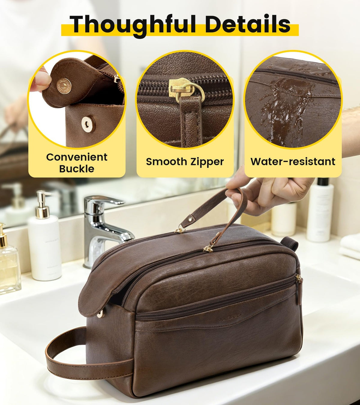 Men's PU Leather Toiletry Bag with Wide Opening Travel Organizer