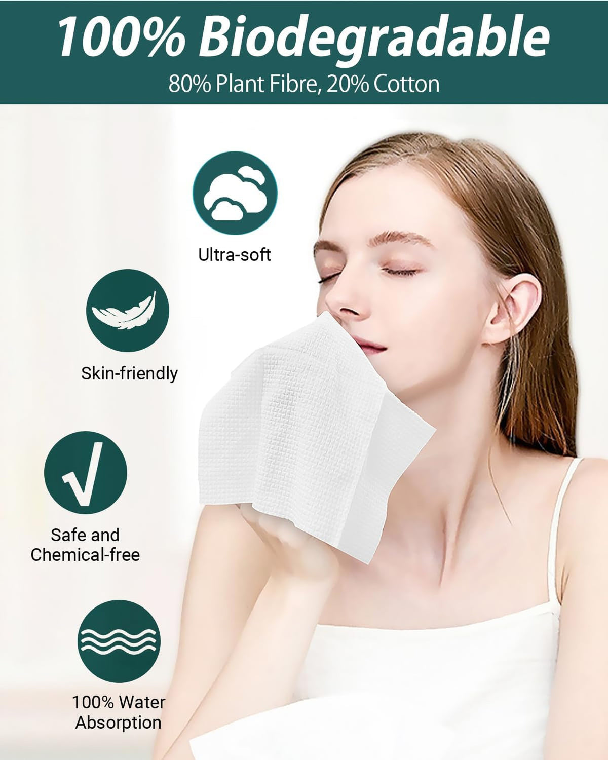 Disposable Face Towels Pack of 100 - Large Soft Biodegradable Facial Wipes