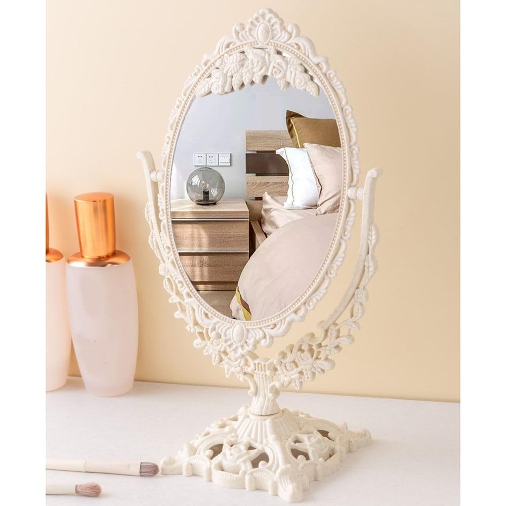 Retro Double Sided Tabletop Makeup Mirror - Oval, 8.7 x 7.5 Inches, Beige