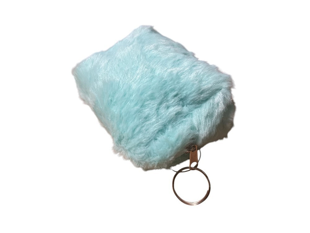 Turquoise Faux Fur Mini Cosmetic Bag with Zipper & Key Ring - 4.5 Inch