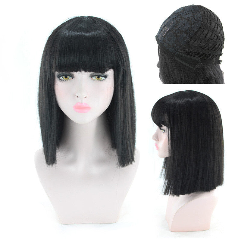 Black Bob Wigs with Bangs - Straight Blunt Cut Shoulder Length Short Wig for Women